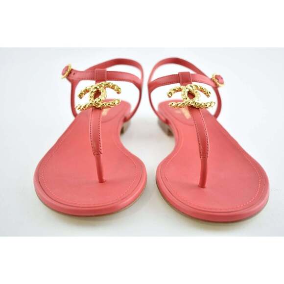 Chanel 20C Red Lambskin Gold CC Logo Mule Ankle Strap Thong Sandal Flat 36.5C - Picture 6 of 9